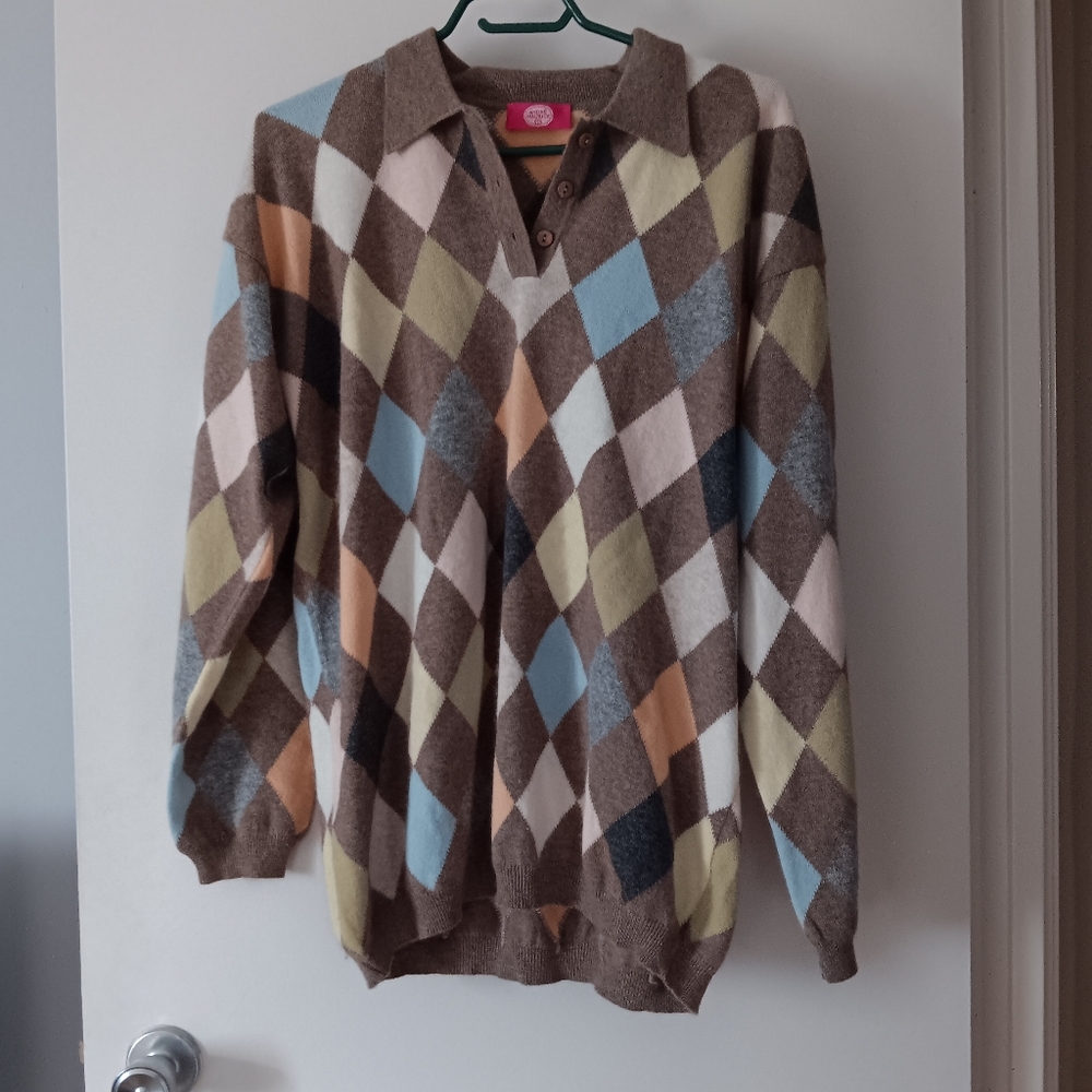 ANDRE MAURICE Argyle Lambswool Intarsia Polo Sweater. XL